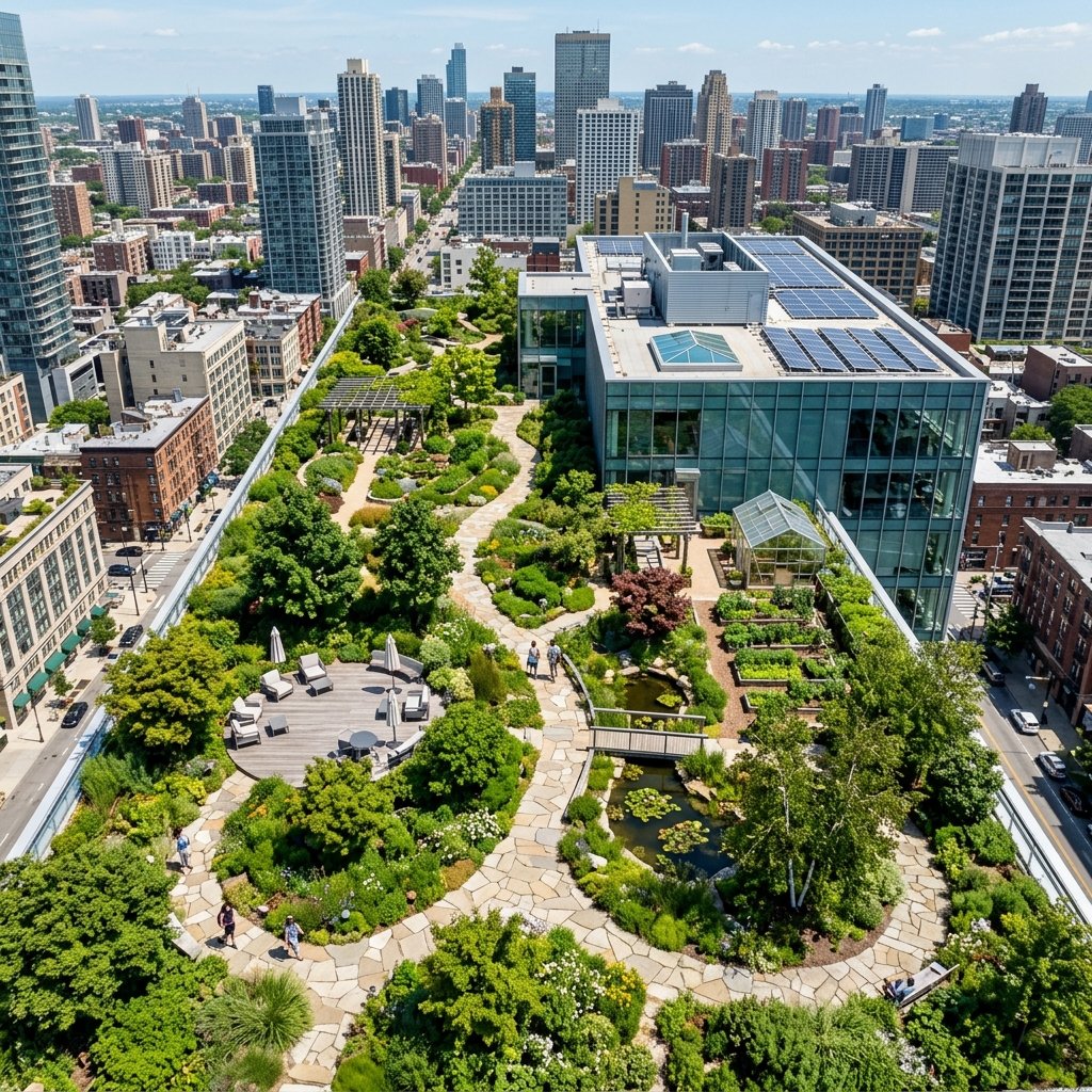 Aerial view of a green rooftop garden oasis