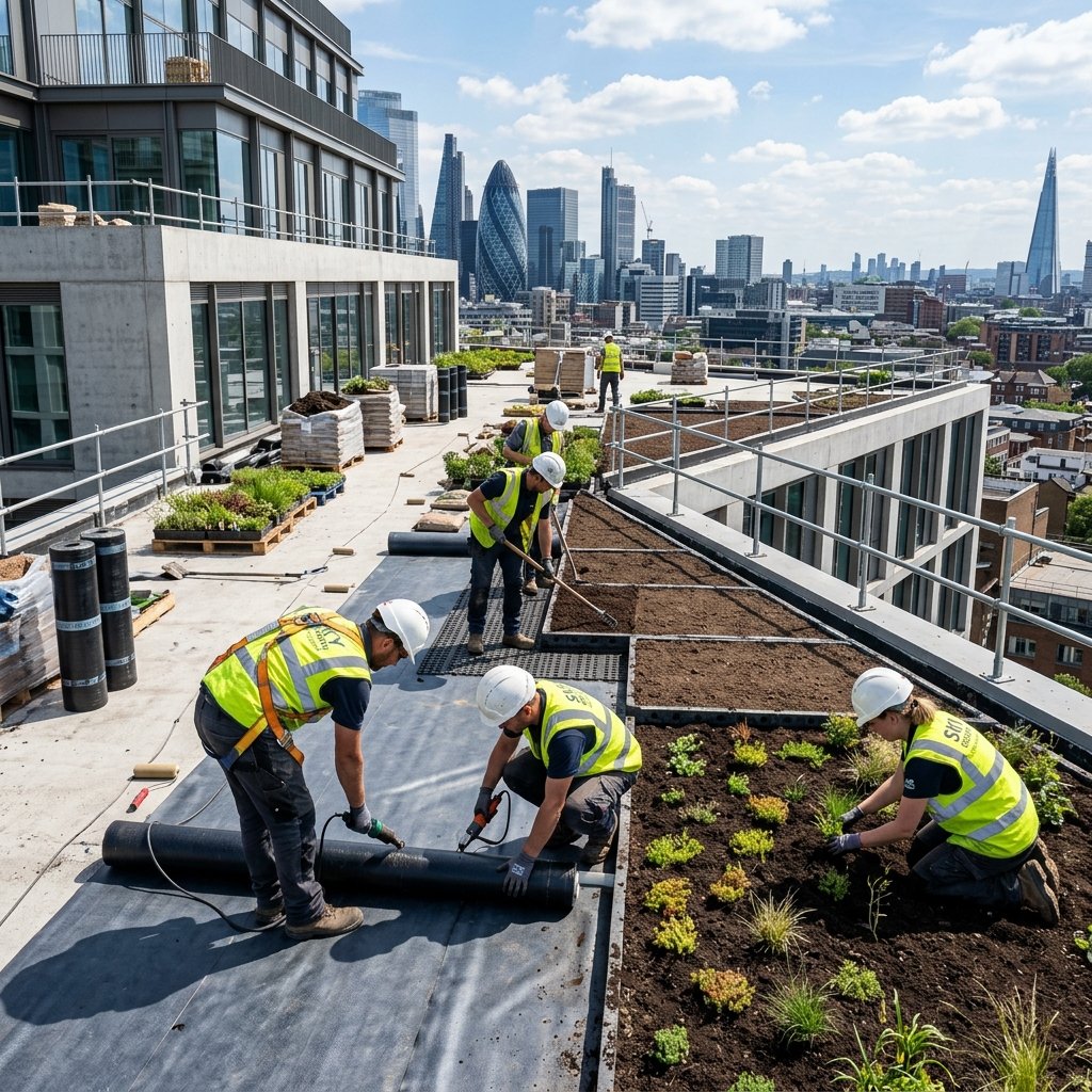 Professional roof garden installation in progress