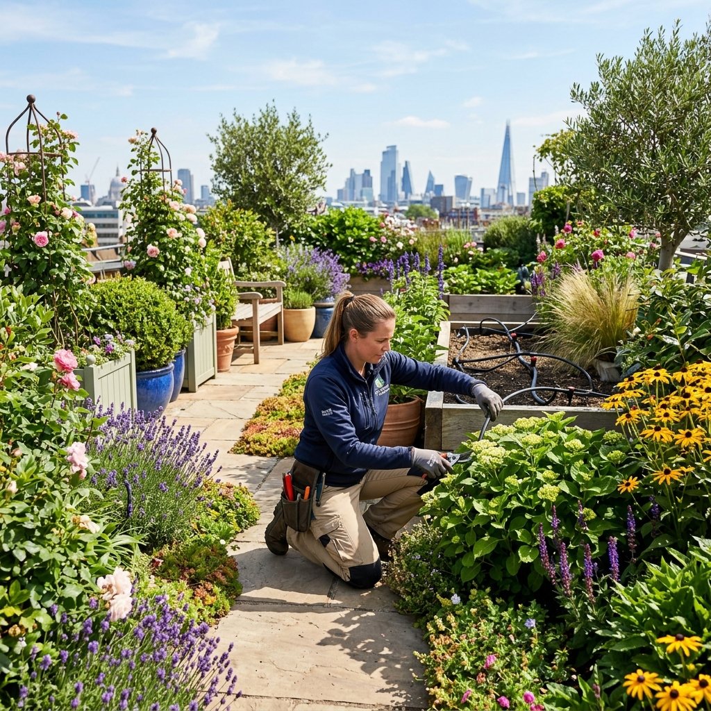 Professional gardener maintaining a rooftop garden
